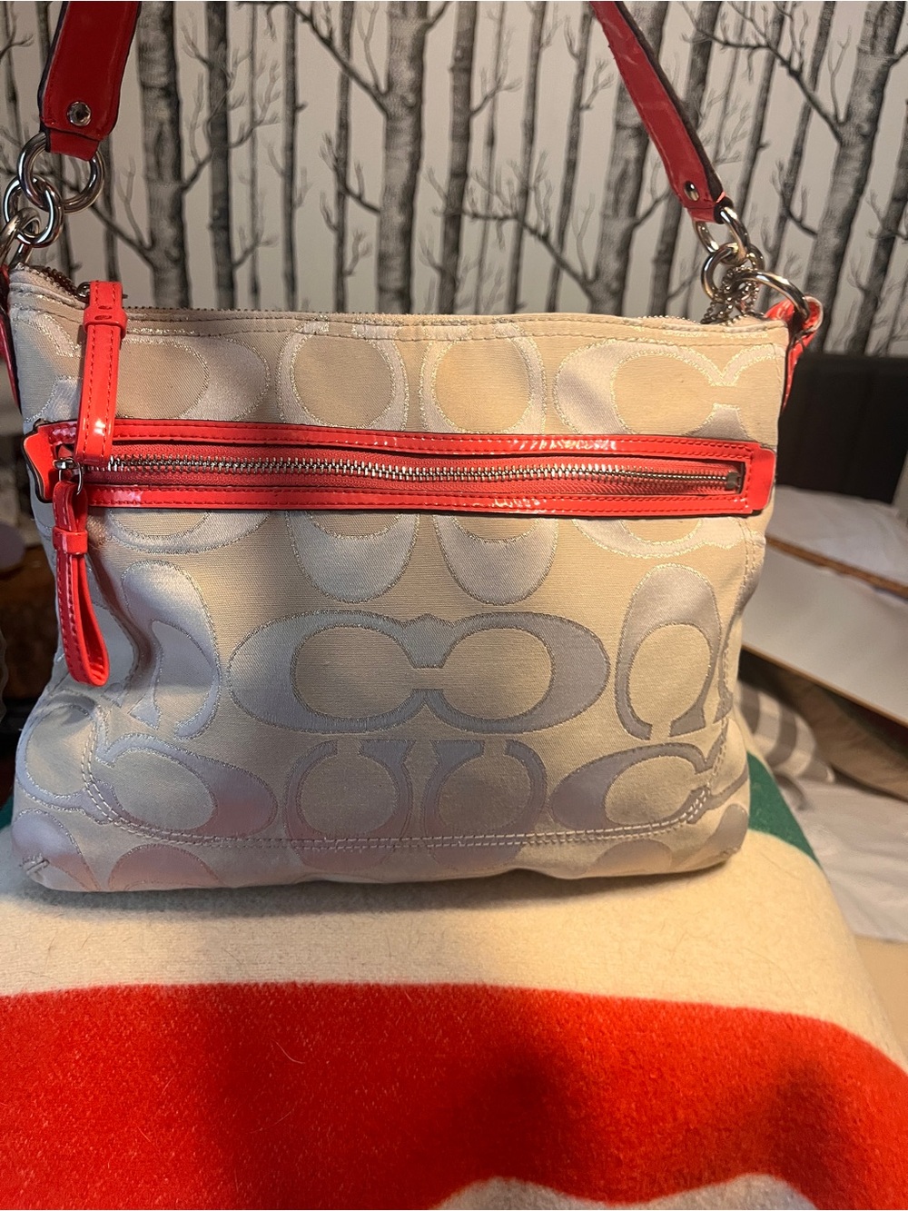 Coach Beige Signature Shoulder Bag with Coral Trim